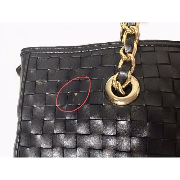 Joan Rivers Slouchy Black Faux Leather Woven Tote Shoulder Bag Gold Chain Strap - Picture 9 of 9